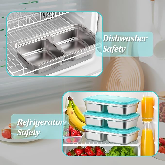 6 Pack Stainless Steel Snack Containers Reusable with Lid, Grab and Go 2 Compartment Snack Food Storage Containers for School Travel and Outdoor Camping Dishwasher Safe