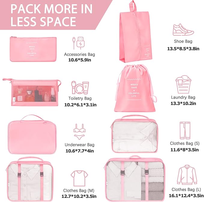 KPX 8 Set Packing Cubes for Travel, Luggage Packing Organizers Accessories Large Toiletry Bag for Clothes Shoes Cosmetics (Pink)