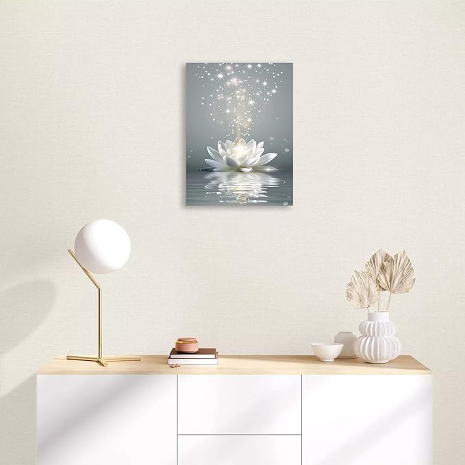Ypxzzj Framed White Lotus Flower Wall Art for Living Room, Zen Canvas Wall Art for Yoga Bedroom,Meditation Spiritual Wall Decor Print for Bathroom Study Room Ready to Hang (12''x16'')