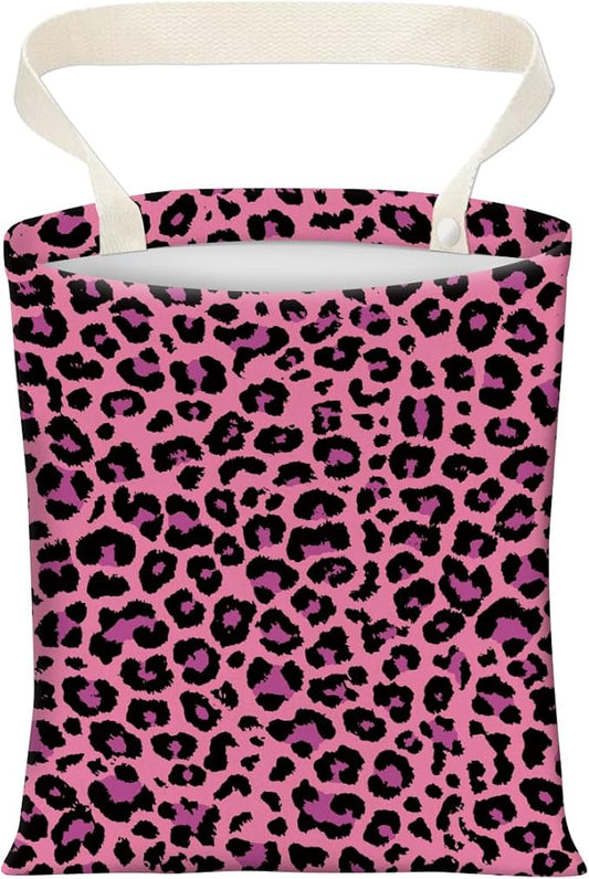 Cute Car Trash Can, Hanging Canvas Car Back Seat Organizer and Storage Bag, Funny Car Trash Bag for Travelling, Outdoor Cute Pink Leopard