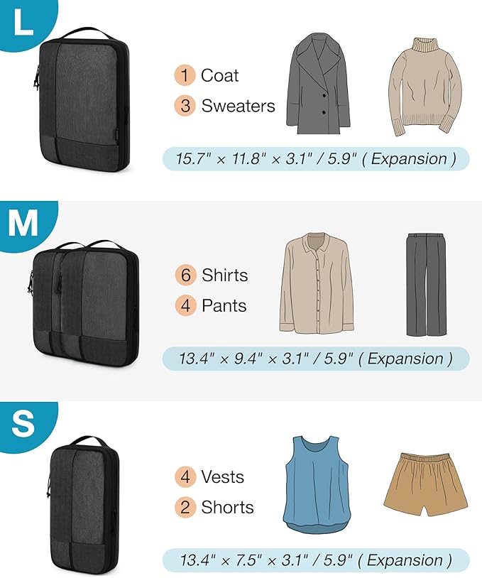 BAGSMART Compression Packing Cubes for Travel, 6 Set Packing Cubes for Carry on Suitcases, Compression Travel Cubes & Suitcase Organizer for Packing with Shoe Bag Khaki