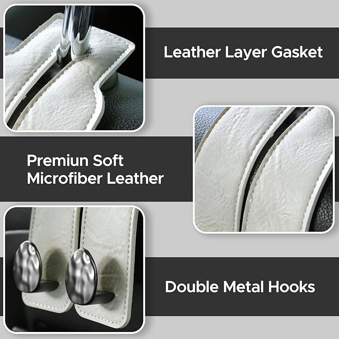 URIZZD 4 PCS Leather Car Seat Hooks for Headrest, Vehicle Hanger Storage Organizer Universal for Handbag Purse, Car Accessories Gift (White-Black-4 PCS)