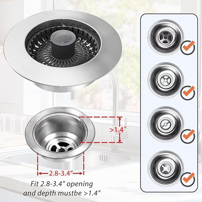 Kitchen Sink Drain Strainer, 3-in-1 Pop-Up Kitchen Sink Stopper, with an Extra Basket Strainer, Universal for US Standard 3-1/2 Inch, Chrome Silver