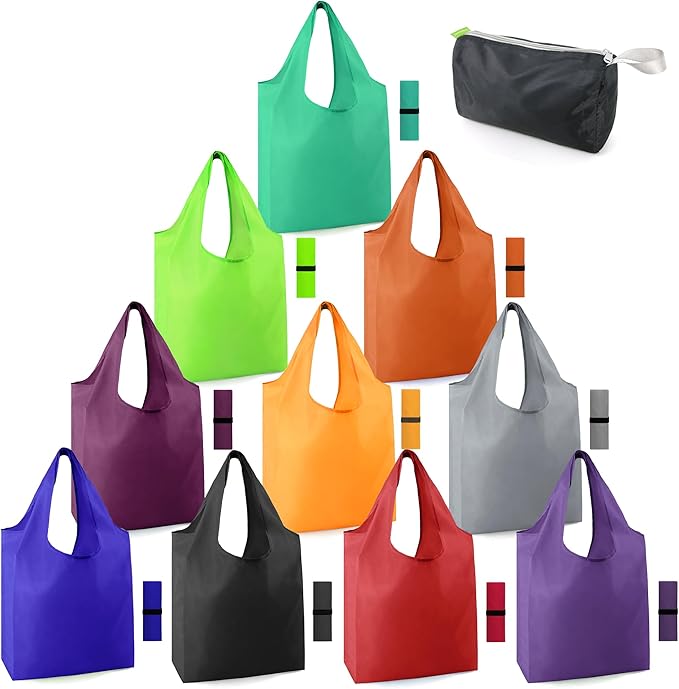 BeeGreen Reusable Grocery Bags, Foldable, Machine Washable, Reusable Shopping Bags Bulk, Colorful 10 Pack, 50LBS Extra Large Folding Reusable Bags Totes with Zipper Storage Pouch, Lightweight Polyester Fabric