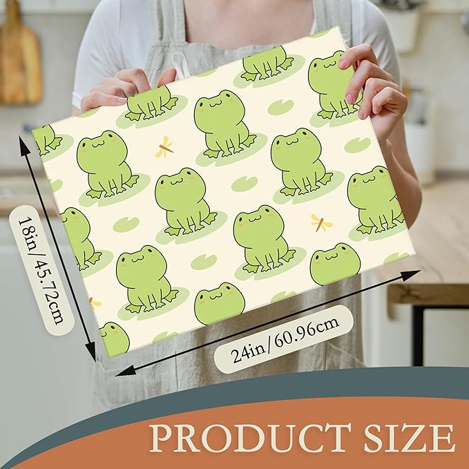 UIUPRO Cute Green Frog Dish Drying Mats 18x24 Inch, Dish Pad Drying Rack Mat for Kitchen Counter Ultra Absorbent Microfiber Dishware Coffee Maker Bar Countertop Decor