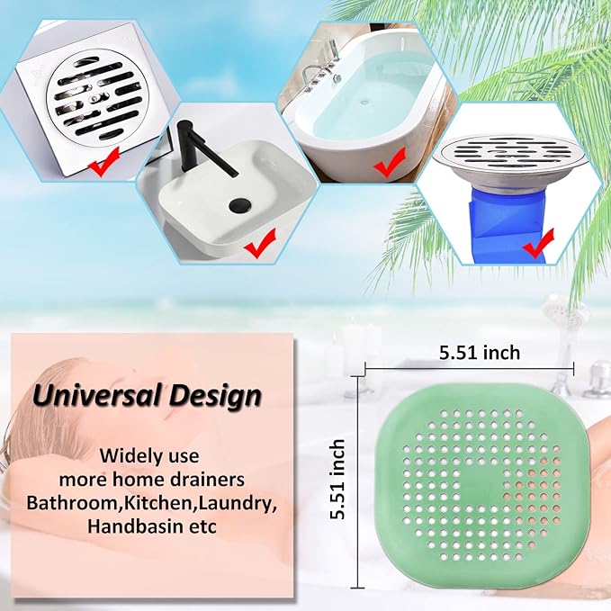 Hair Drain Catcher, Square Drain Cover for Shower, Silicone Hair Stopper with Suction Cup, Easy to Install, Suitable for Bathroom, Bathtub, Kitchen, 2 Pack (Green)