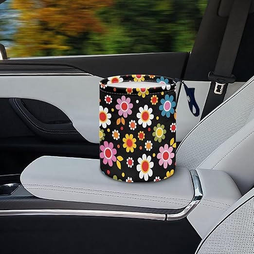 Panskyllis Colorful Hippie Flowers Car Trash Can Collapsible Car Waste Basket Container Waterproof Auto Storage Box Travel Accessories