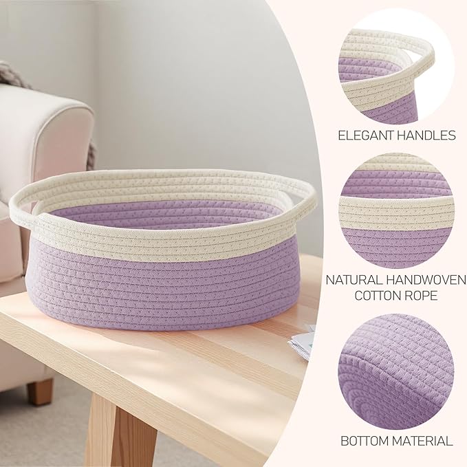 Woven Basket, Small Rope Storage Bin with Handles & Ribbon Bag, Organizer for Shelves Closets, Empty Gift Basket for Birthday, Books, Dog Toys, White & Purple/3 Pack