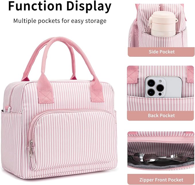 Lunch Bag Women Lunch Box for Women Adult Cute Insulated Lunch Bag Lager Cooler Lunch Tote Bags for Work Picnic (Pink Stripes)