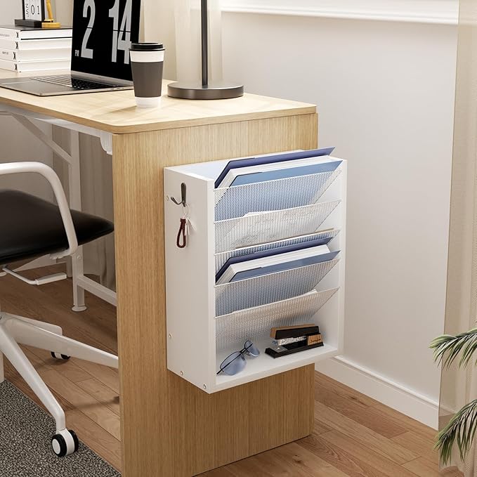 Creso hom Mail Organizer Wall Mounted, 6-Tier Wall File Organizer with 2 Hooks, Wooden Desk Organizer Magazine Holder with Bottom Flat Tray, for Office Home, White