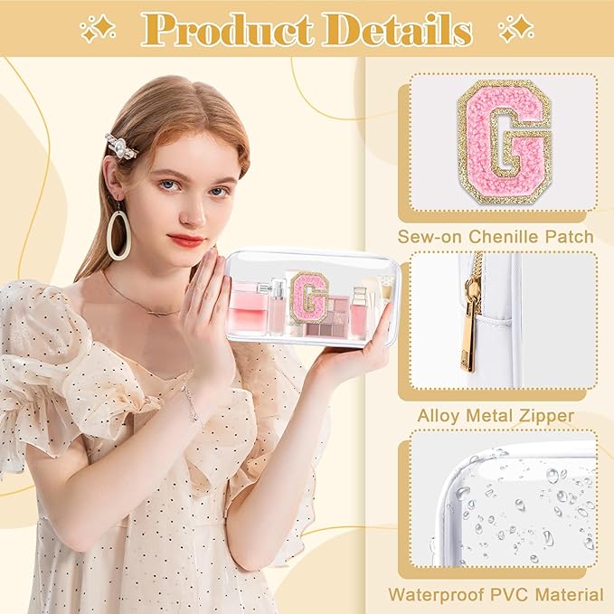 Personalized Initial Letter Clear Preppy Cosmetic Bag, Travel Toiletry Bag, Clear Nylon & PVC, Adult Female Women's Cosmetic Case