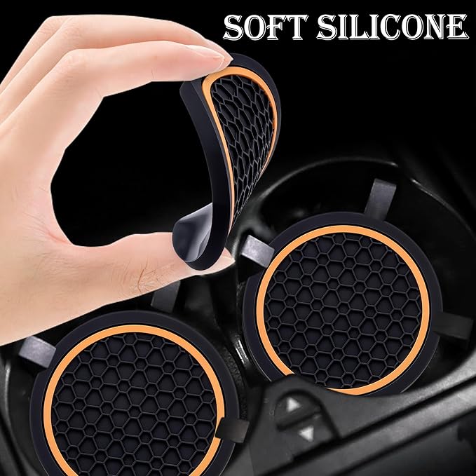 2-Piece Anti-Slip Car Cup Coaster Set – 2.75 Inch Auto Insert Drink Mats, Perfect for Coffee & Beverages – Stylish Interior Decor for Women & Girls (Black & Orange)