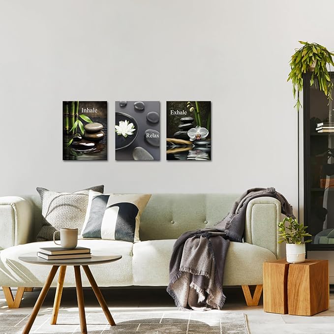 FuShvre Zen Wall Art for Bathroom Zen Stone Bamboo Lotus Orchid Flower Pictures Still Life Prints for Zen Meditation Room Wall Decor Framed 12x16 inch each piece (small)