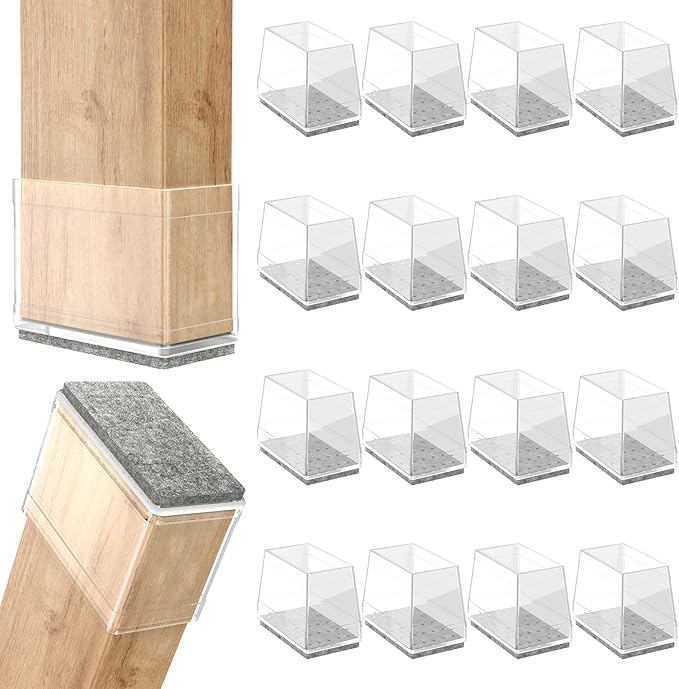 Rectangle Chair Leg Protectors for Hardwood Floors,16 PCS Silicone Covers to Protect Wood Tile Floors Felt Pads Furniture Leg Caps Reduce Noise. Easy to Move. (Clear,2 x 4 Inch, Rectangular)