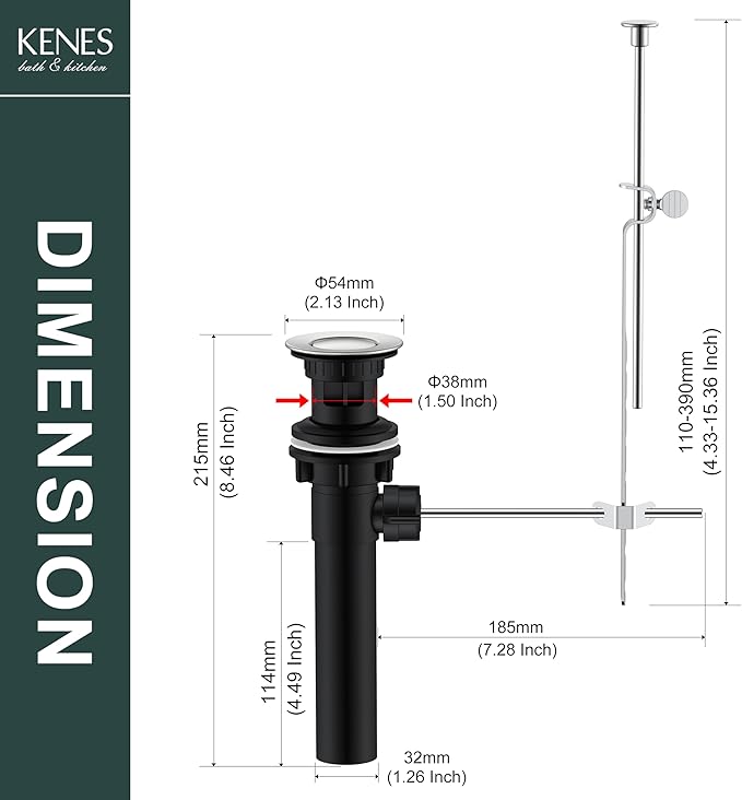 KENES Bathroom Sink Drain Stopper Assembly with Lift Rod, Brushed Nickel Sink Drain with Overflow, Lavatory Pop Up Drain Assembly for Bathroom Vanity Sink, LJ-P701
