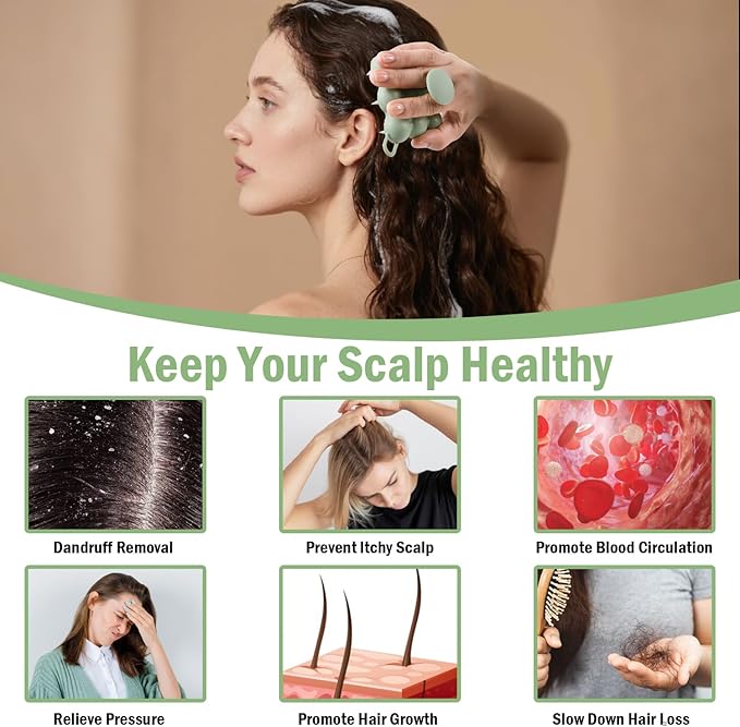 Silicone Scalp Massager Shampoo Brush for Hair Growth, Dandruff Removal & Wet/Dry Care, Hair Scrubber Scalp Stimulator Exfoliator Brush with Soft Bristles for Men & Women, Green