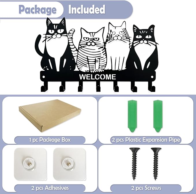 Key Holder for Wall, 11.88'' x 7'' Black Metal Cat Shape Decoration Key Hook Wall Mount Key Rack Hanger Storage Organizer with 7 Hooks for Home Doors Entryway Kitchen Garage Decor