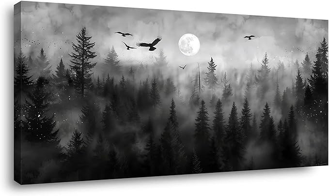 ZESTRILIA Forest Wall Art Black & White Moon Night Retro Canvas Prints Modern Rustic Paintings Nordic Artwork Landscape Picture for Country Farmhouse Living Room Bedroom Home Office Décor (28x58inch)
