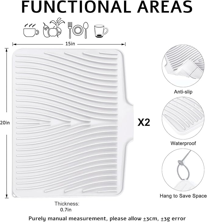 TIKNIK Dish Drying Mat,Stone Drying Mat for Kitchen Counter with Built-in Drain,Non-Slip Drying Matt Kitchen Counter, Heat Resistant Silicone Drying Mat, Dish Drying Pad, 2 Pcs(White, 20"x15")