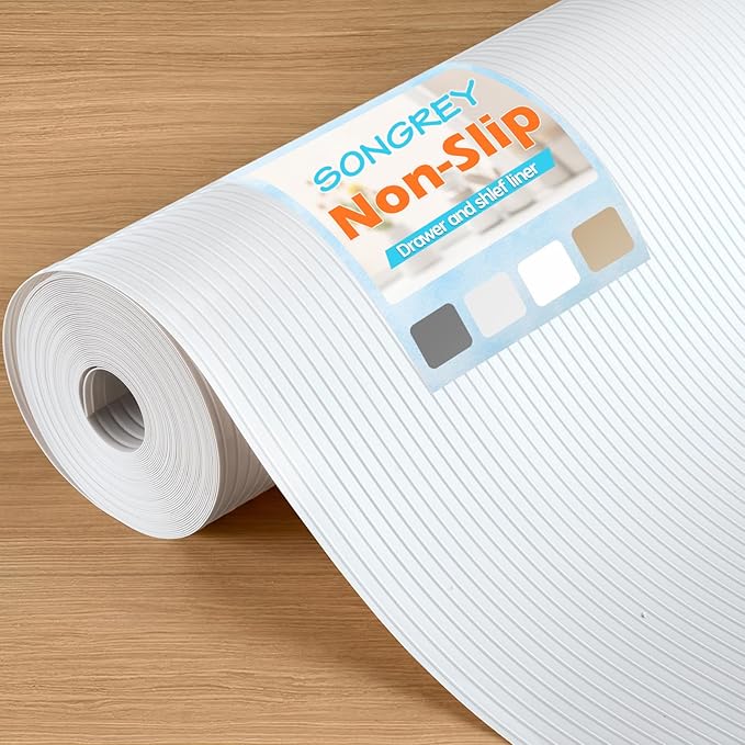 Songrey Non-Adhesive Shelf Liner, 23.6IN x 30FT Waterproof Cabinet & Drawer Liner, EVA Material Non-Slip Mat for Kitchen Cupboard, Refrigerator, Easy to Cut, Washable, White