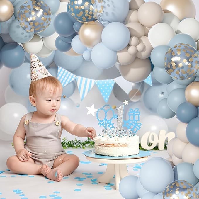 Ouddy Party Dusty Blue Balloons Arch Garland Kit, Different Sizes 18 12 10 5 Inch Dusty Blue Sand White Baby Blue Latex Metallic Confetti Balloon for Baby Boy Shower Wedding Birthday Party Decorations