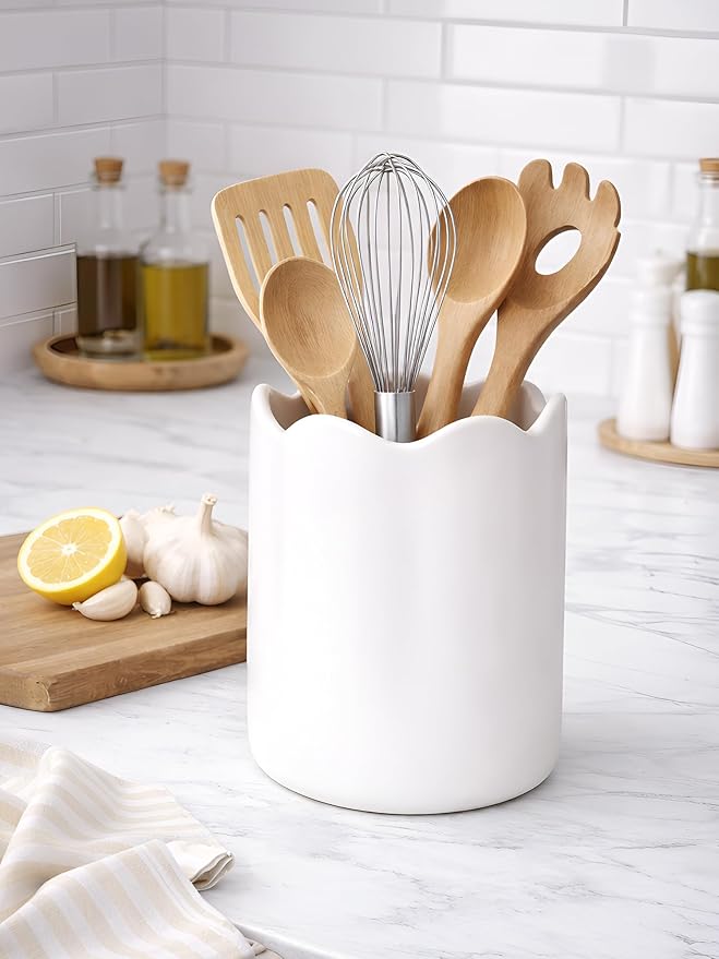 Ceramic Utensil Holder for Kitchen Counter, 7.1" Large Kitchen Utensil Holder for Countertop with Cork Bottom, Cooking Tool Organizer for Spatula, White
