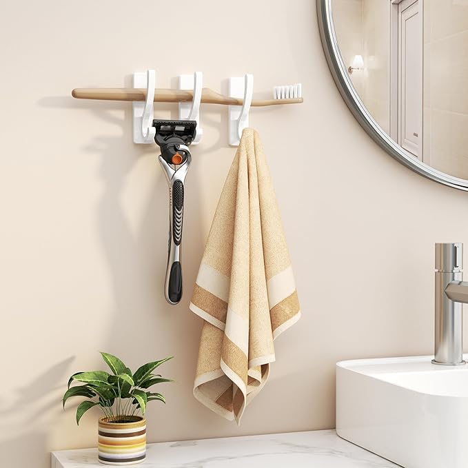 pickpiff Adhesive Wall Hooks for Towels - Sticky Hook Hanging Heavy Duty (13lb), Hanger for Door, Bathroom, Dorm, Closet - for Coats, Purse, Bag, Robe - No Damage to Wall - White 6 Pack