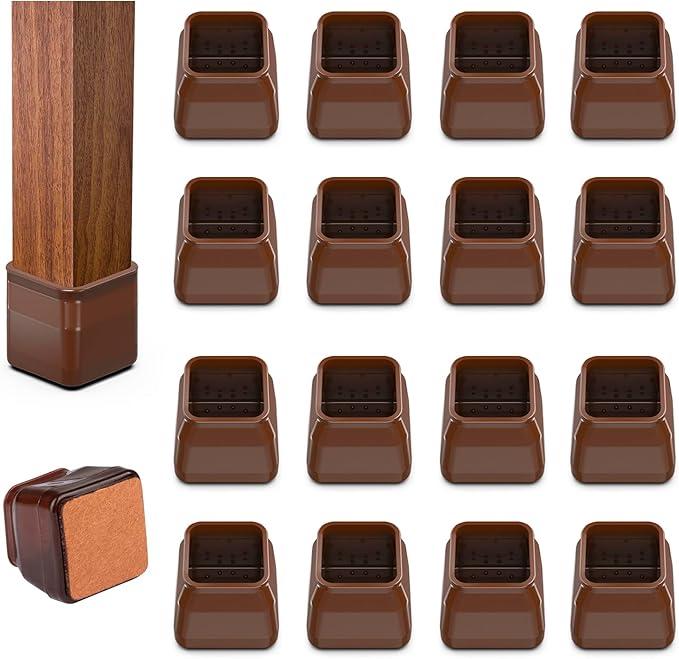 16pcs Square Chair Leg Floor Protectors, Felt Pads Chair Leg Protectors for Hardwood Floors, Silicone Furniture Feet Cups Covers Felt Pads, Prevents Scratches & Reduce Noise, Brown, Small