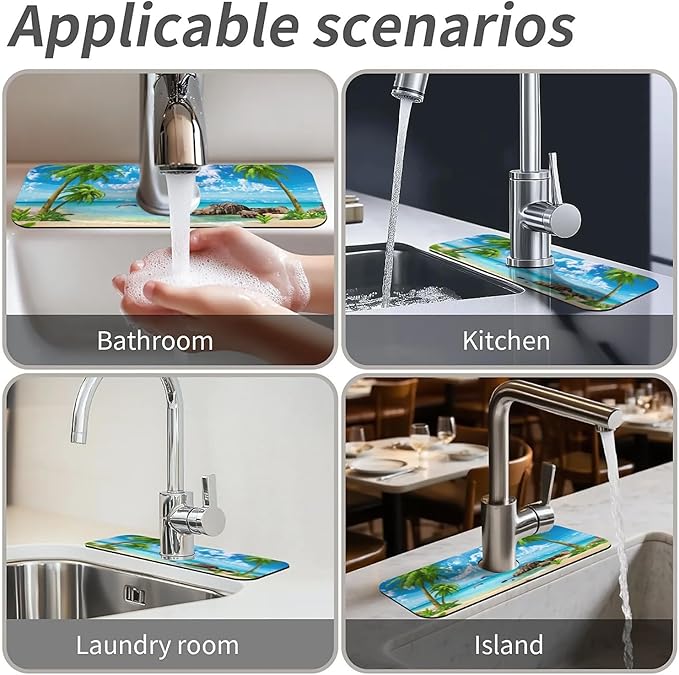 Kitchen Sink Splash Guard，Summer coconut Beach dolphins Faucet Mat Sink Gadgets-Super Absorbent Fast Drying Mat Drip Catcher for Kitchen, Bathroom,Sink Mat, Dish Drying Mat, Bathroom(15" X 5.5" )