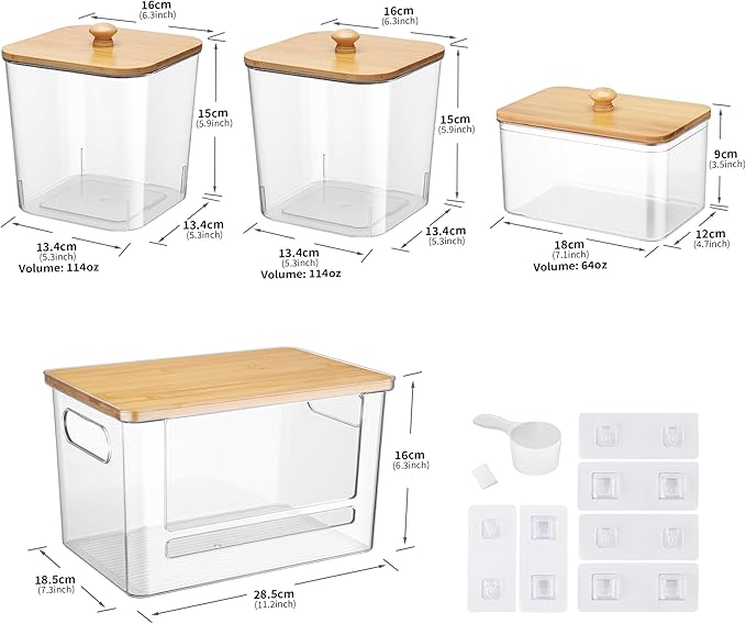YAFFWA Extra Large Trash Bag Holder 4 Pack Garbage Bag Dispenser Roll Holder with Lid Laundry Room Organizer Under Sink Stackable Storage, Wall Mounted Laundry Dryer Sheet Holder Clear Pod Container