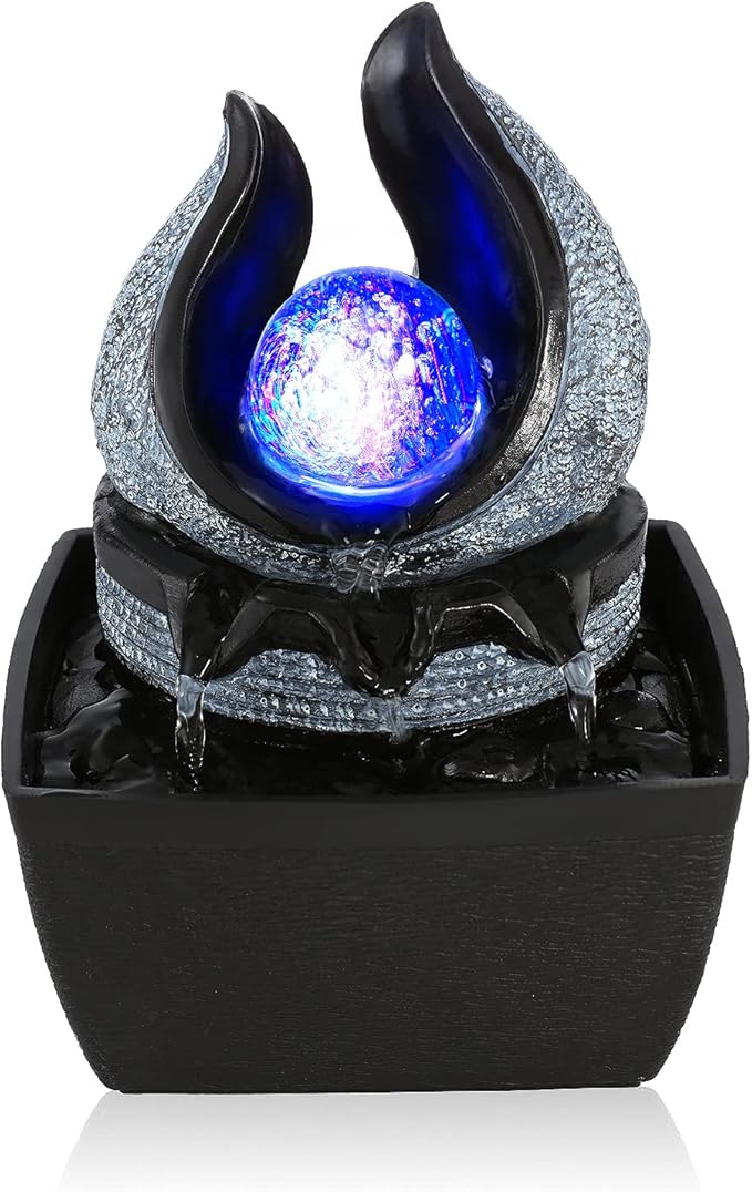 WICHEMI Water Fountains Indoor Waterfall Fountain Mini Tabletop Fountain with LED Rolling Ball Water Feature Indoor Zen Meditation for Home and Office Indoor Spaces Decor (Style 1)