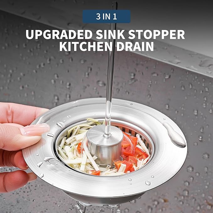 2 Pack – 3-in-1 Kitchen Sink Drain Strainer Stopper, 304 Stainless Steel Pop Up Sink Plug with Removable Filter Basket, Fits 3-1/2” US Standard Drain, Anti-Clog, Rustproof, Odor Blocker