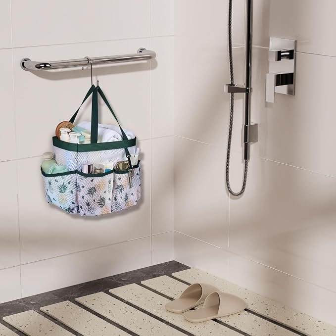 F-color Portable Shower Caddy - Mesh Shower Bag Basket Tote for College Dorm Room Essentials Bathroom Gym Camp Quick Dry for Women Men with S Hook, Green Pineapple