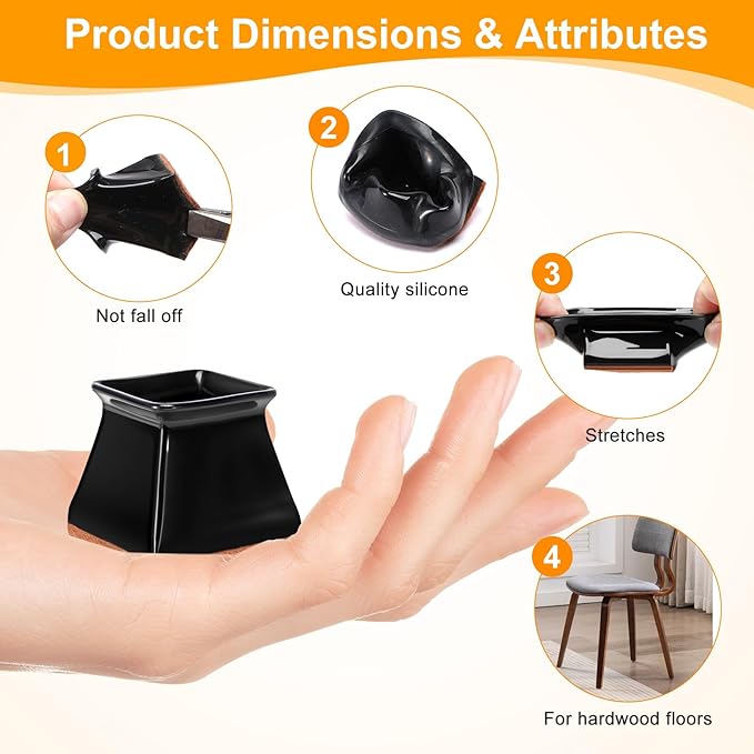 CHUNZEXI 16 Pack Square Chair Leg Floor Protectors for Hardwood Floors, Silicone Felt Covers Pads Caps, Protect Wood Furniture Feet, Floors, Reduce Noise and Scratches (Square Large & Black)