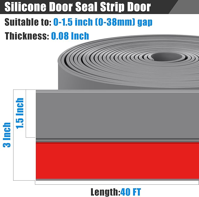 Draft Seal Tape for Doors and Windows 3 in x 40 Ft Silicone Weather Stripping Extra Thick 2mm Door Seal Strip with Strong Adhesive Draft Insulation Stopper Side Seal - Gray