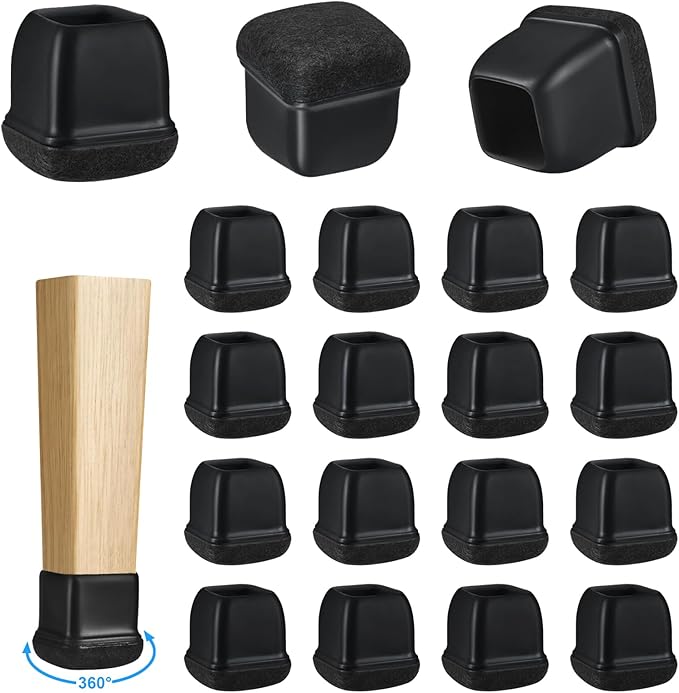 16 Pack Chair Leg Floor Protectors for Hardwood Floors, Square Rubber Furniture Sliders, 360°Felt Pad Bottom Wrapped Thickening Silicone Furniture Legs Caps Covers (Square, Black-M)