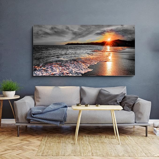 Yxbhhym-Bedroom Wall Decor Black and White Beach Pictures Canvas Wall Art for Living room Seascape Artwork for Walls Ocean Paitnings Poster Sea Sunset Art Print Framed Office Bathroom Decorations