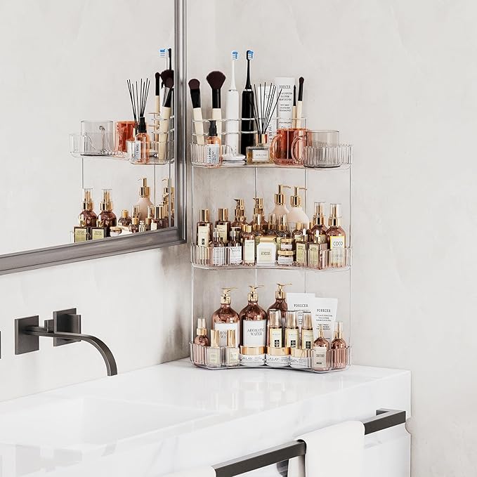 3-Tier Corner Bathroom Counter Organizer with Top Toothbrush Holders, Large Makeup Organizer Countertop with Brush Holder, Skincare Organizers Corner, Exquisite Vanity Organizer (Clear, 3 Tier)