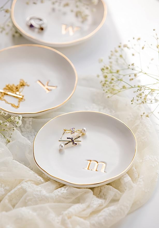 COLLECTIVE HOME - Ceramic Jewelry Tray, Decorative Trinket Dish for Rings Earrings Necklaces Bracelet Watch Keys, Birthday Mother's Day Christmas Gift for Women, 4.75", White Surface (N)