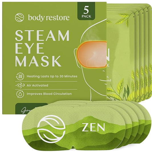 Body Restore Heated Eye Mask for Dry Eyes 5 Pack - Self Heating Warm Compress, Christmas Stocking Stuffers, White Elephant, Birthday Gifts for Women, Men, Stye Eye Treatment, Relaxation - Green Tea