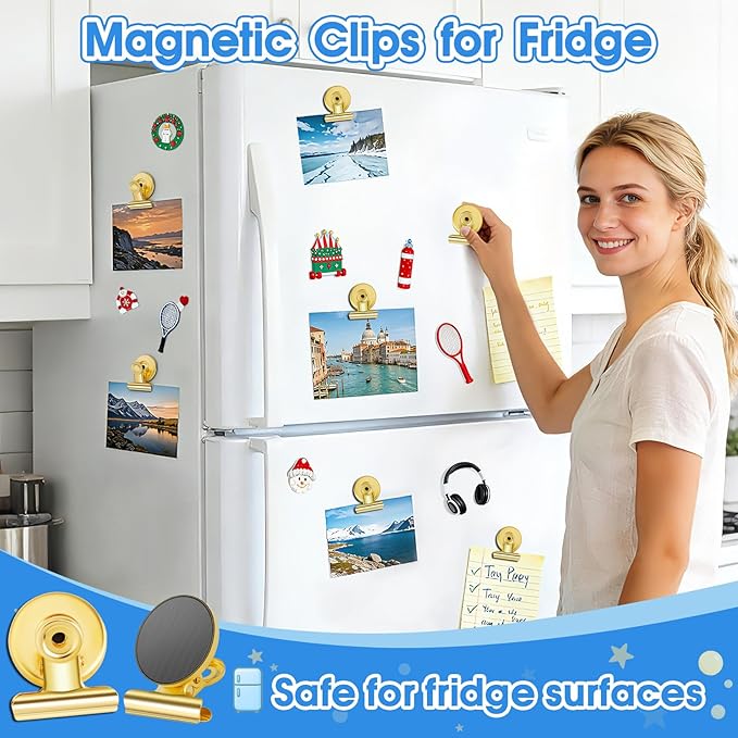 Grtard 20 Pack Magnetic Clips Heavy Duty, Magnet Clips for Fridge, Refrigerator Magnets with Clip, No-Scratch Strong Magnetic Clip for Refrigerator, Whiteboard, Cruise Cabins, Locker (Gold)