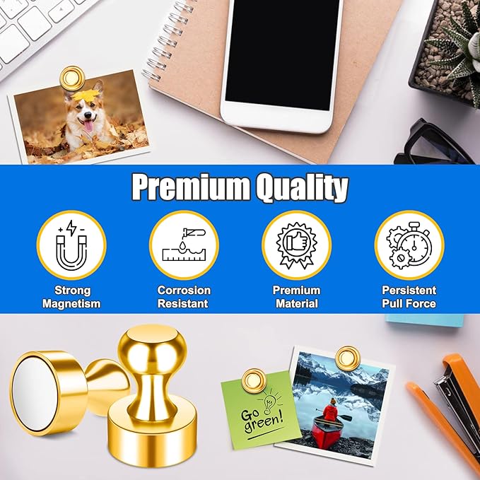 Strong Whiteboard Magnets, Cute Kitchen Magnets for Refrigerator, Tiny Gold Magnetic Clips, Magnetic Push Pins for Kitchen Decor and Accessories, Office, Gadgets, Pack of 56