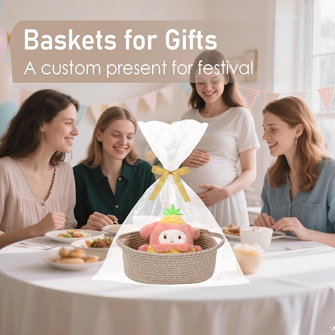 Woven Basket, Small Rope Storage Bin with Handles & Ribbon Bag, Organizer for Shelves Closets, Empty Gift Basket for Birthday, Books, Dog Toys, Oatmeal