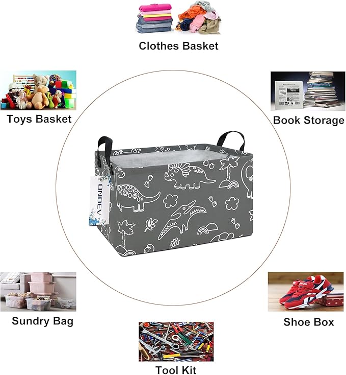 Rectangular Dinosaur Basket Waterproof Storage Bin Gift Box Children's Toy Organizer Box Room Decoration Basket (Gray Line Dinosaur)