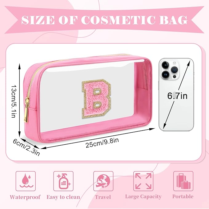 Personalized Initial Letter Clear Makeup Bag, Preppy Small Nylon & PVC Cosmetic Zipper Bag with Chenille Letter, Portable Beach Travel Skincare Toiletry Bag, Trendy Monogram Gift for Teen Girls Women, B