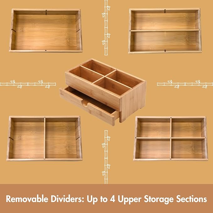 GOBAM Bamboo Makeup Organizer and Storage with Drawer, Wooden Cosmetic Organizer Countertop for Bathroom, Bedroom, Kitchen & Dresser, Desk Organizer with Drawers and Makeup Vanity Station - Medium