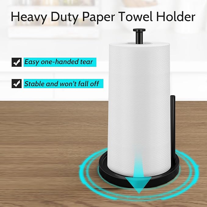 Paper Towel Holder Countertop, Standing Paper Roll Holder with Anti Slip Weighted Base, Stainless Steel Freestanding Paper Towel Holder for Kitchen, Black