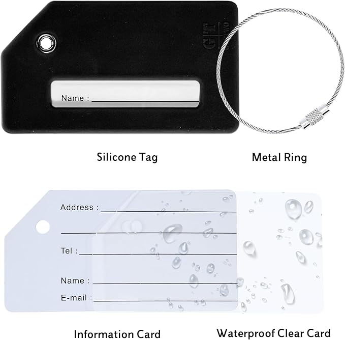 5 Pack Silicone Luggage Tag for Suitcases with Stainless Loop, TSA Approved, Privacy Protection Travel Essentials Bag Tags by Gostwo, Black