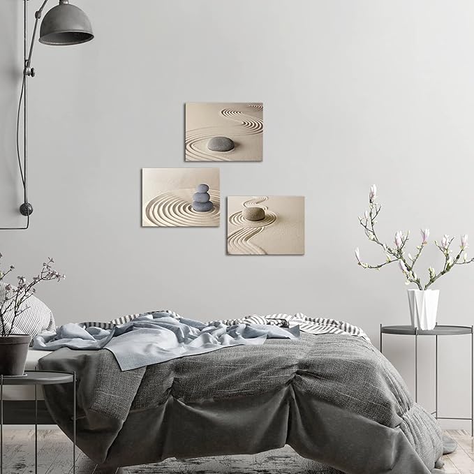 Apicoture Zen Stone Canvas Wall Art Zen Stone Sand Prints Canvas Art Calm Peaceful Still Life Wall Art for Spa Room Decor Framed 12x16inchx3pcs