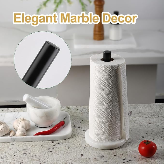 Koville African Genuine Marble Paper Towel Holder Countertop, Metal Rod 6" Marble Base Paper Towel Holder Stand for Kitchen Organization and Storage, Fit for Standard Size Rolls